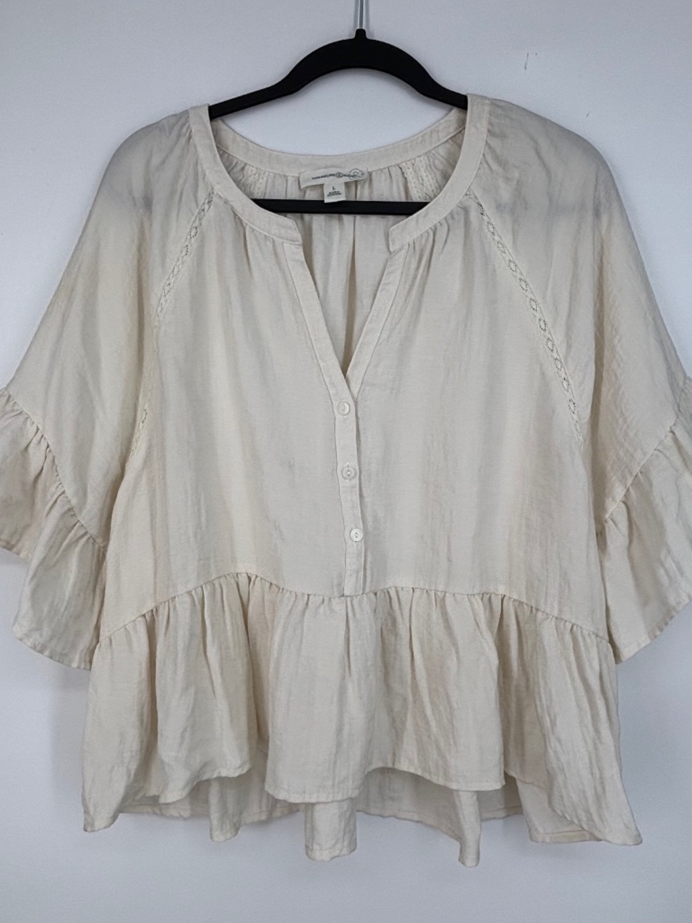 Treasure & Bond Womens Large Popover Ruffled Blouse Top Cream Crochet Trim SS